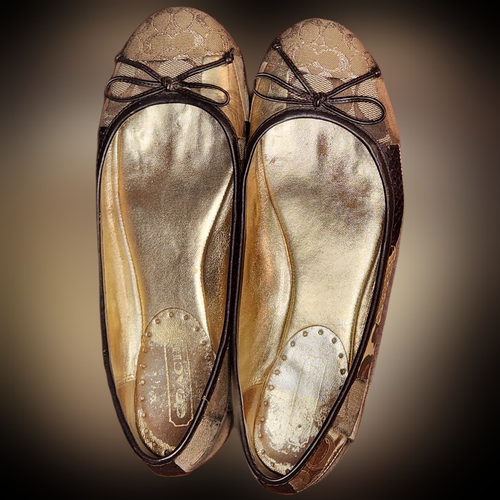 Coach Ballet Flats patchwork pattern, size 6.5   6 1/2   Brown, beige, gold